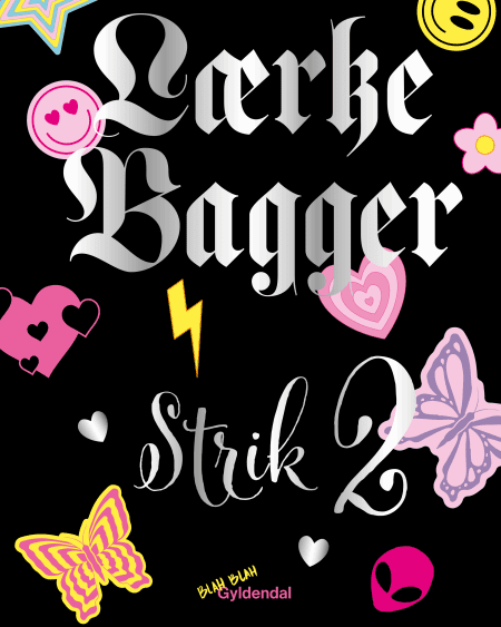 Lærke Baggers bog Strik 2 med sort baggrund og en masse fine figurer.